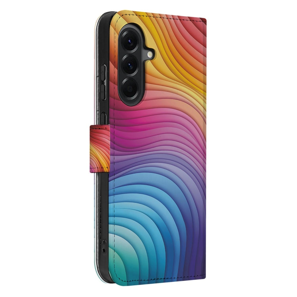 Book Case Regenboog Voor Samsung Galaxy A57 Plus Schuin aanzicht met golvende levendige kleuren.