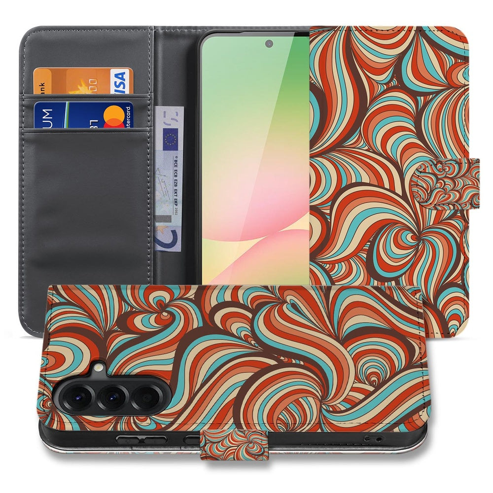 Samsung Galaxy A57 Book Case Hoesje Retro Voor- en achteraanzicht Retro patroon in warm cognac turquoise en bruin.