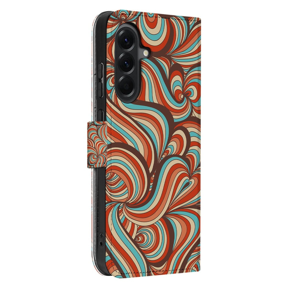 Samsung Galaxy A57 Book Case Hoesje Retro Retro patroon in warme cognertonene en turquoise Schuin aanzicht.