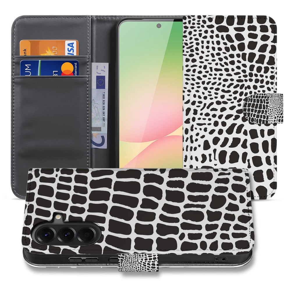 Samsung Galaxy A57 Book Case Slangenprint Binnenkant opengeklapt met kaarten vakken en touchscreen zichtbaar.