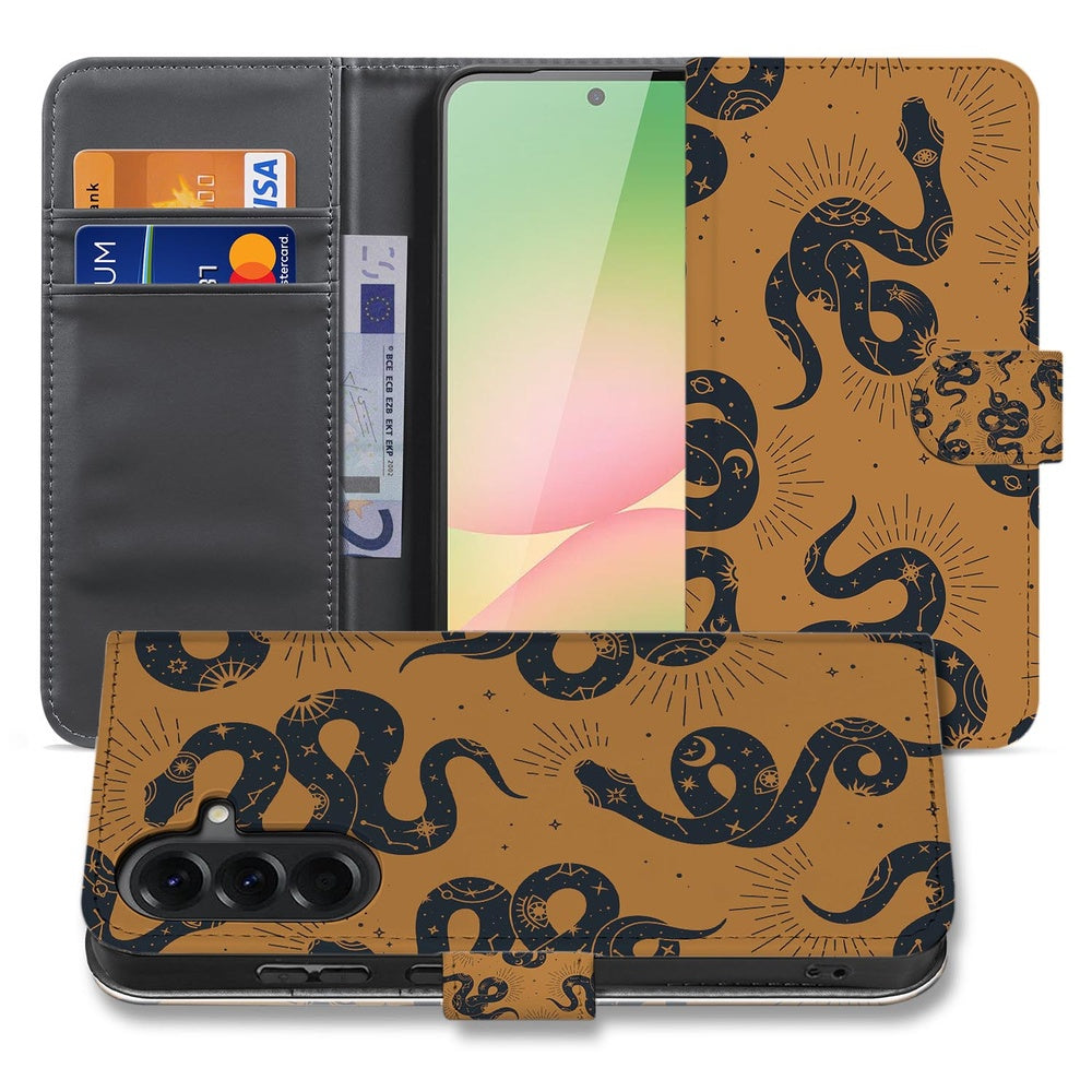Samsung Galaxy A57 Telefoonhoesje Slangenontwerp Voor- en achteraanzicht met slangenprint en grijs interieur.