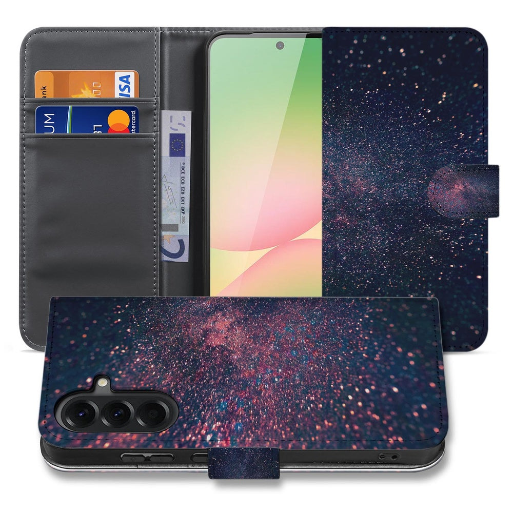 Samsung Galaxy A57 Book Case Paars Blauw Glitter Sterren Voor- en achteraanzicht met sterrenmotief en interne vakken.