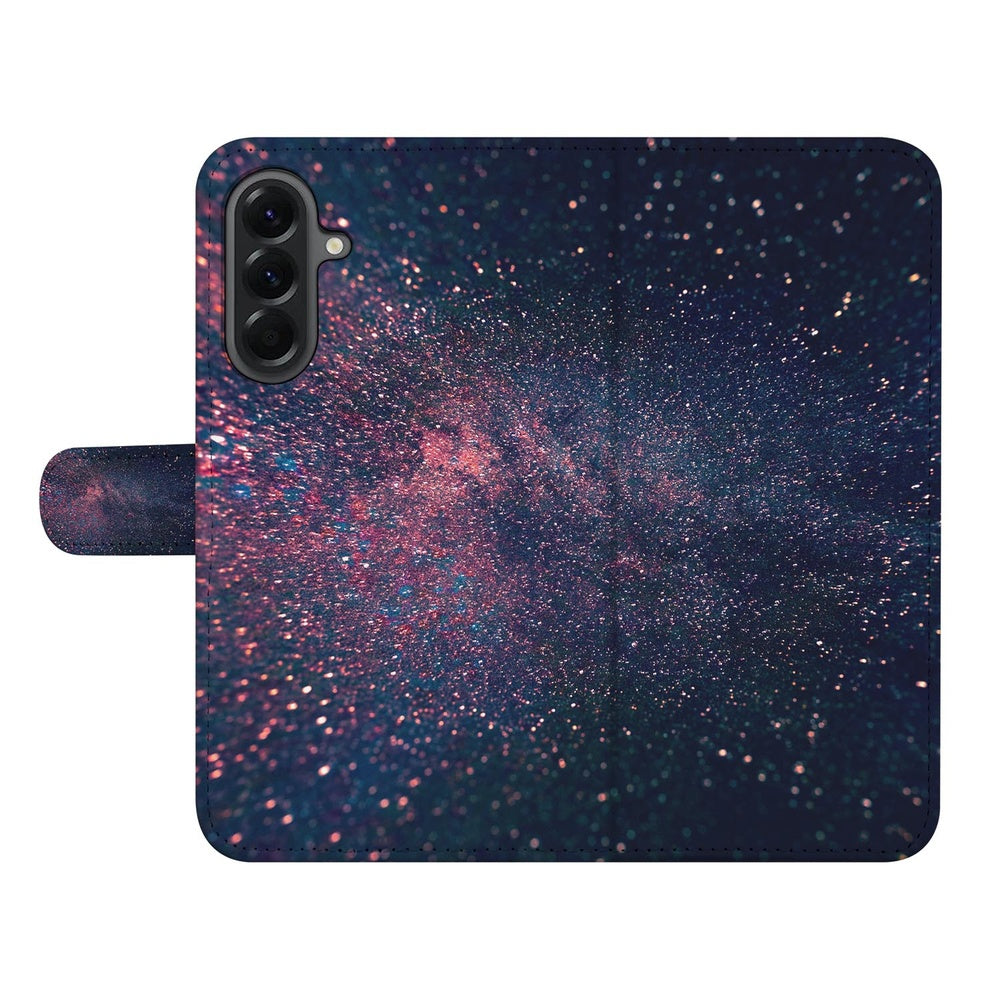 Samsung Galaxy A57 Book Case Paars Blauw Glitter Sterren binnenkant opengeklapt sterrenprint.