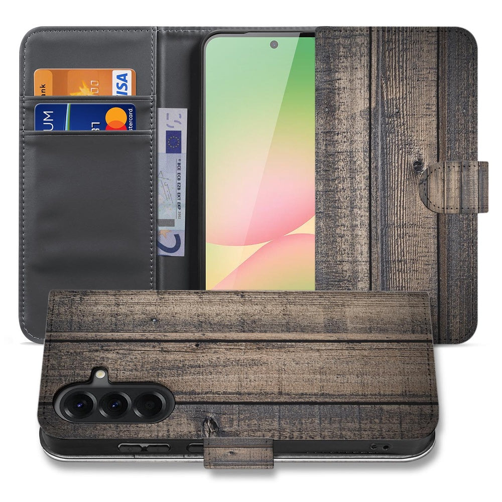 Samsung Galaxy A57 Bookcase Hoesje Steigerhout Design Binnenkant opengeklapt met kaarten.
