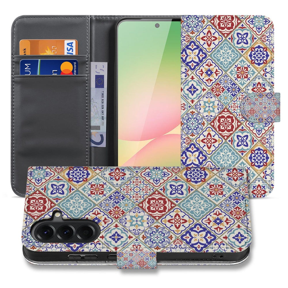 Samsung Galaxy A57 Bookcase Tegelpatroon Voor- en achteraanzicht.