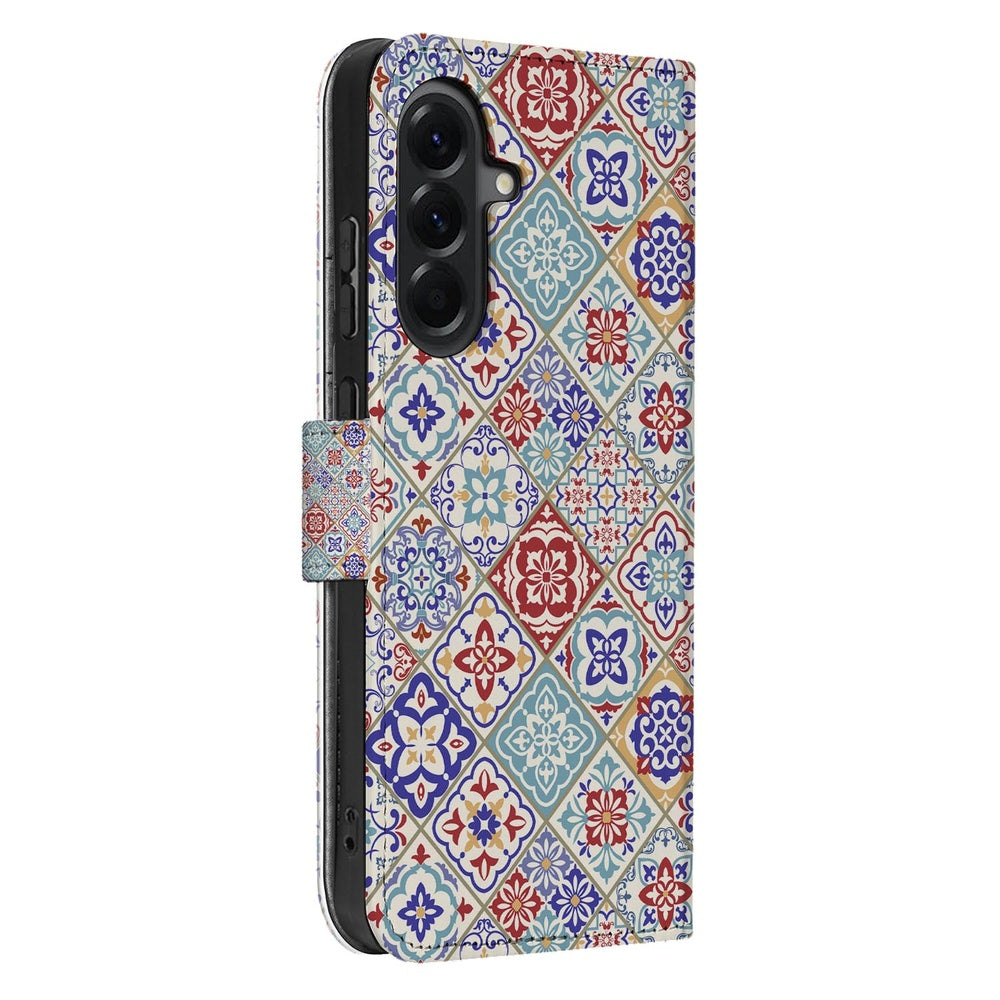 Samsung Galaxy A57 Bookcase Tegelpatroon Voor- en achteraanzicht.