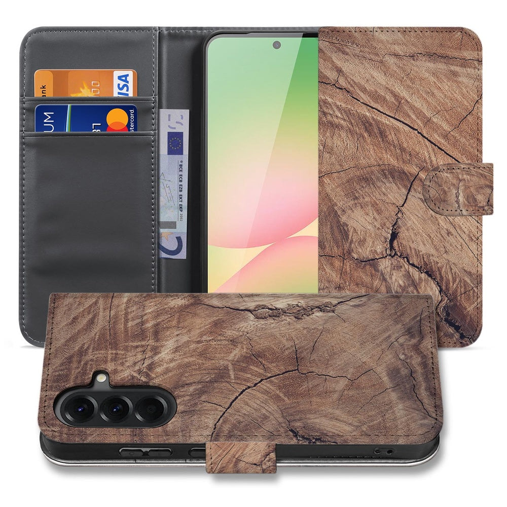 Samsung Galaxy A57 Book Case Boomstam Bruin Voor- en achteraanzicht.