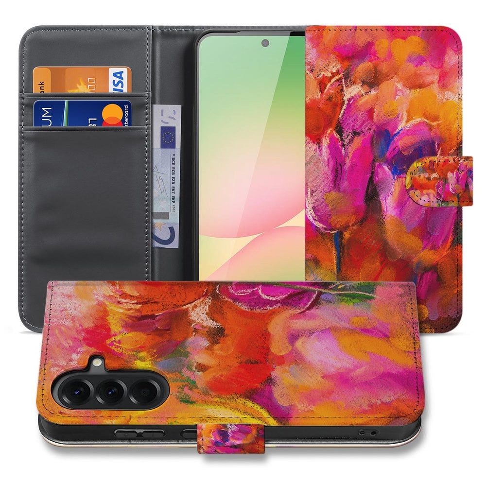 Samsung Galaxy A57 Bookcase Hoesje Tulips Vooraanzicht met pasjeshouder en watercolor bloemenprint.