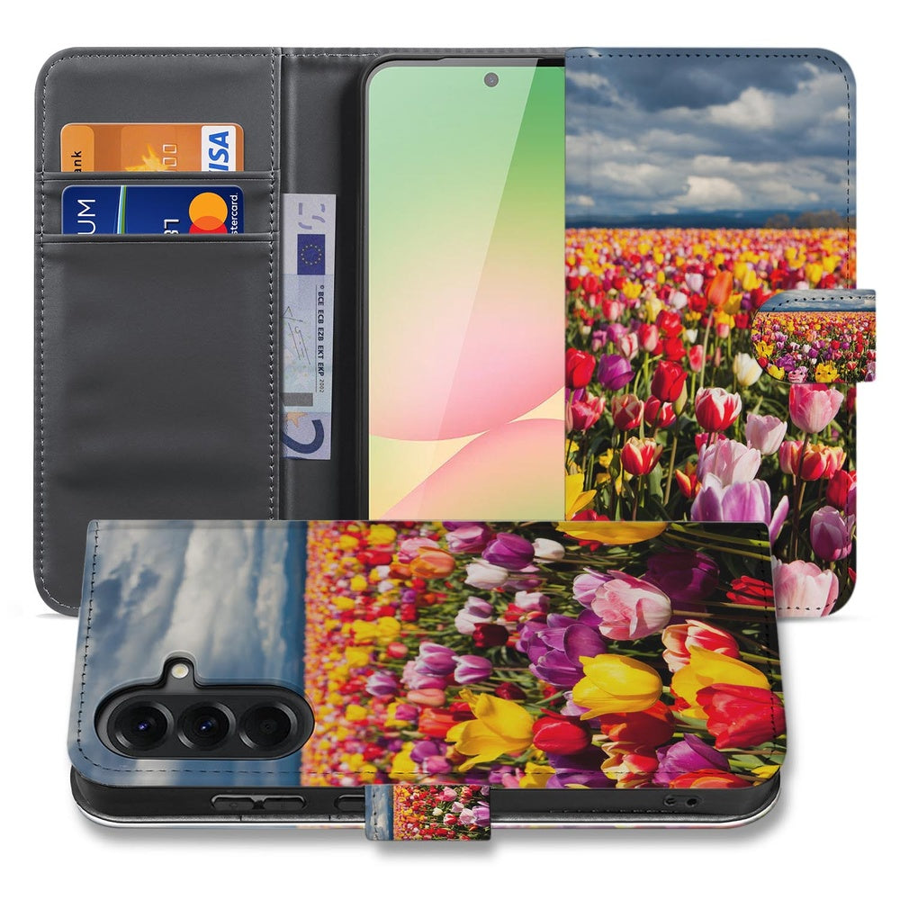 Samsung Galaxy A57 Portemonnee Hoesje Tulpen Motief Vooraanzicht Binnenkant.