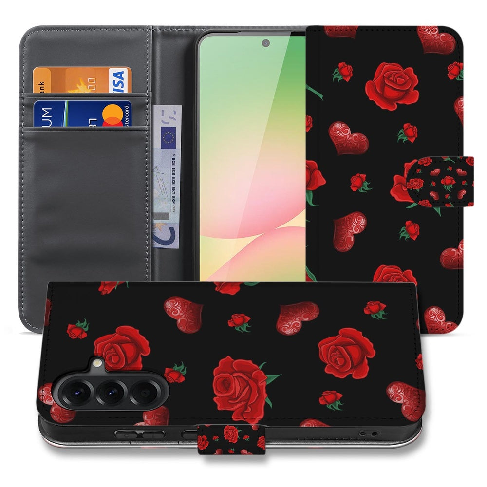 Samsung Galaxy A57 Book Case Hoesje Valentine Vooraanzicht met rozen op zwarte achtergrond.