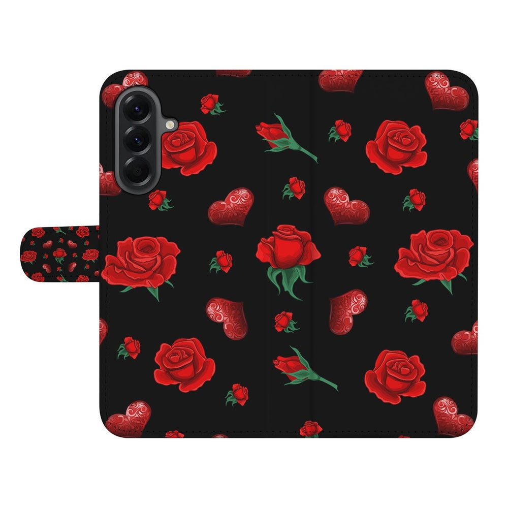 Samsung Galaxy A57 Book Case Hoesje Valentine Rozenprint Zwart Voor- en achteraanzicht.