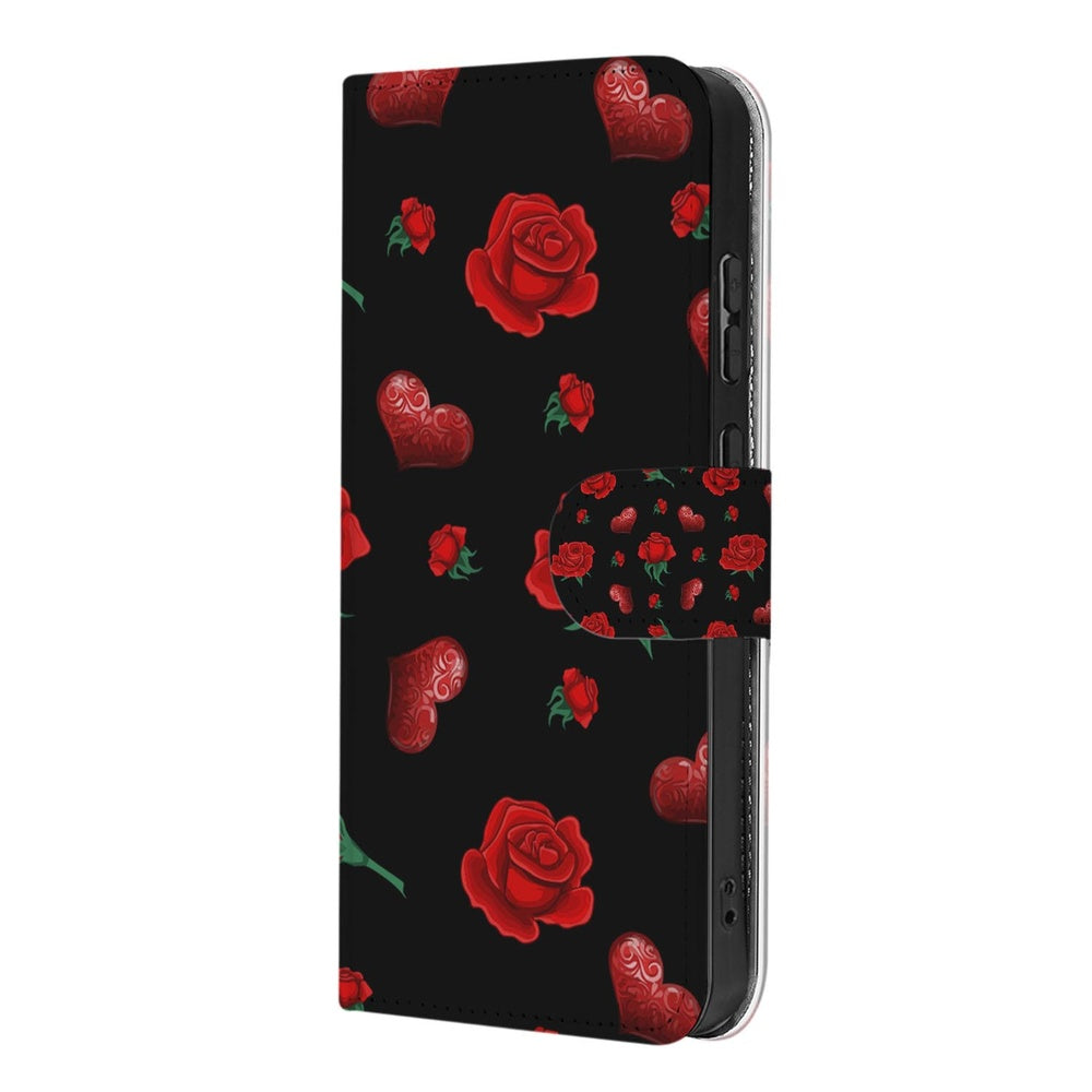 Samsung Galaxy A57 Book Case Hoesje Valentine rozen harten zwart vooraanzicht.