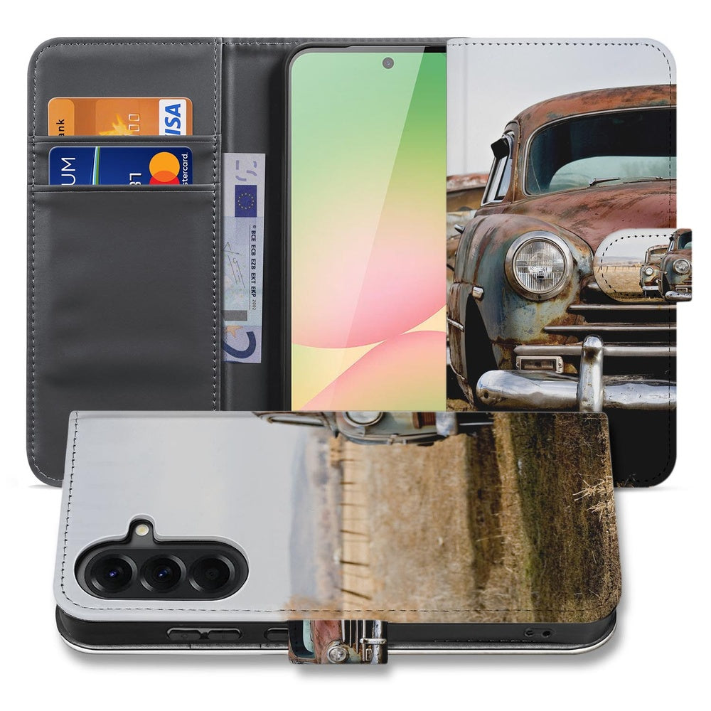 Samsung Galaxy A57 Book Case Vintage Auto voor- en achteraanzicht.