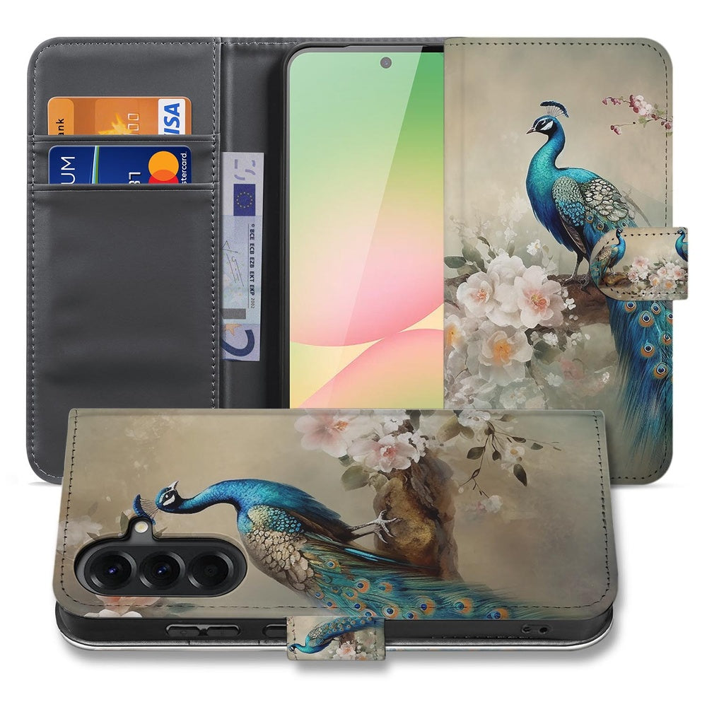 Samsung Galaxy A57 Plus Telefoonhoesje Met Pasjes Vintage Pauw Design Vooraanzicht.