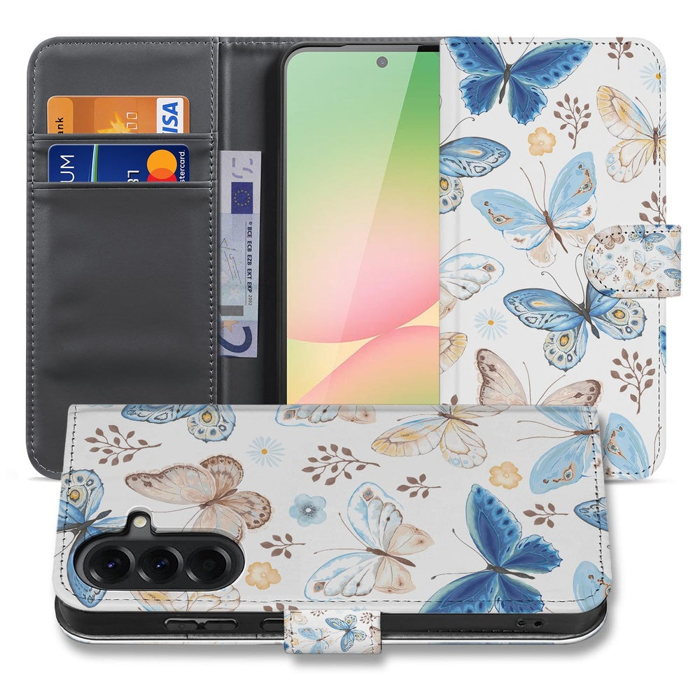 Samsung Galaxy A57 Wallet Hoesje Vlinder detail voor- en achteraanzicht.