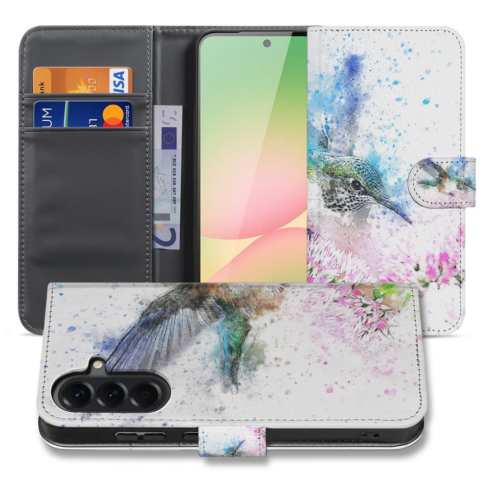 Samsung Galaxy A57 Portemonnee Hoesje Vogel Print Voor- en achteraanzicht.