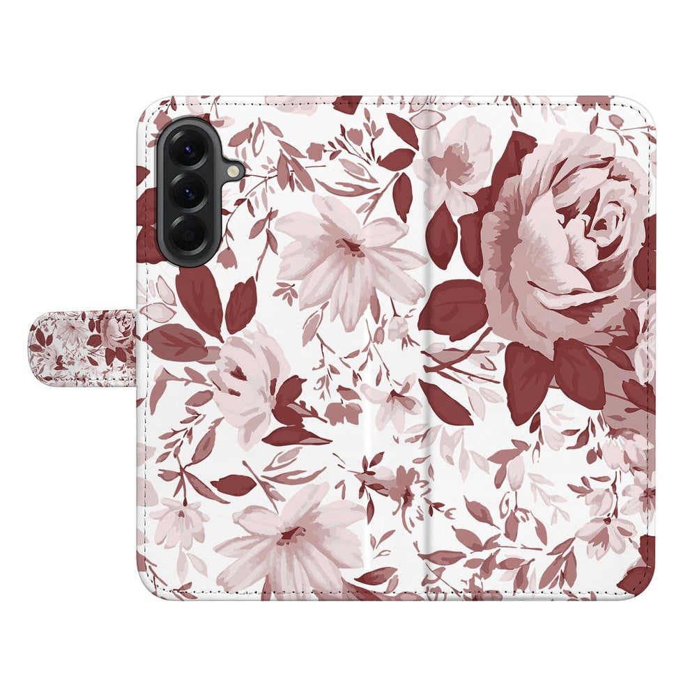Samsung Galaxy A57 Watercolor Paars Watercolor Flowers Boekhoesje Roze/Witte Bloemen Vooraanzicht.