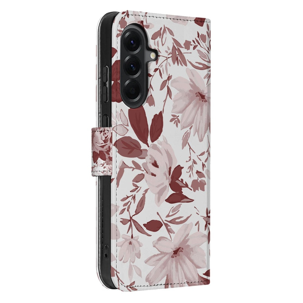 Samsung Galaxy A57 Watercolor Paars Watercolor Flowers Boekhoesje Aanzicht zijkant.