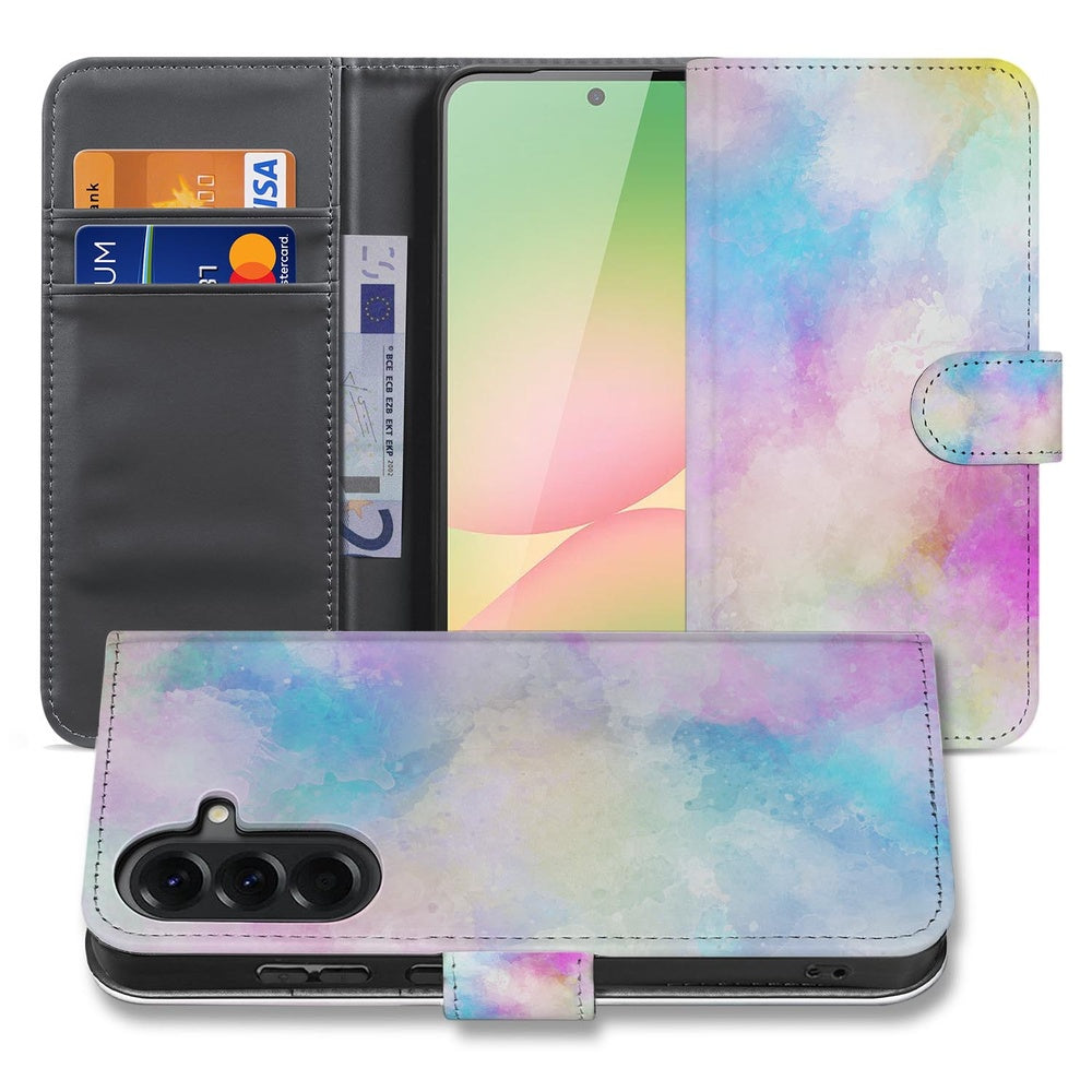 Samsung Galaxy A57 Bookcase Hoesje Watercolor Light vooraanzicht en achteraanzicht met pastel kleuren.