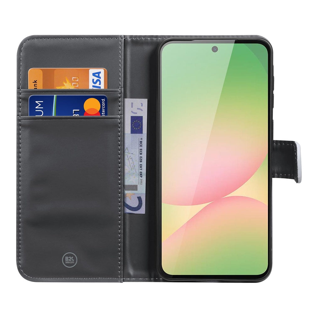 Samsung Galaxy A57 Bookcase Hoesje Watercolor Mix Vooraanzicht Binnenkant met kaartvakjes.