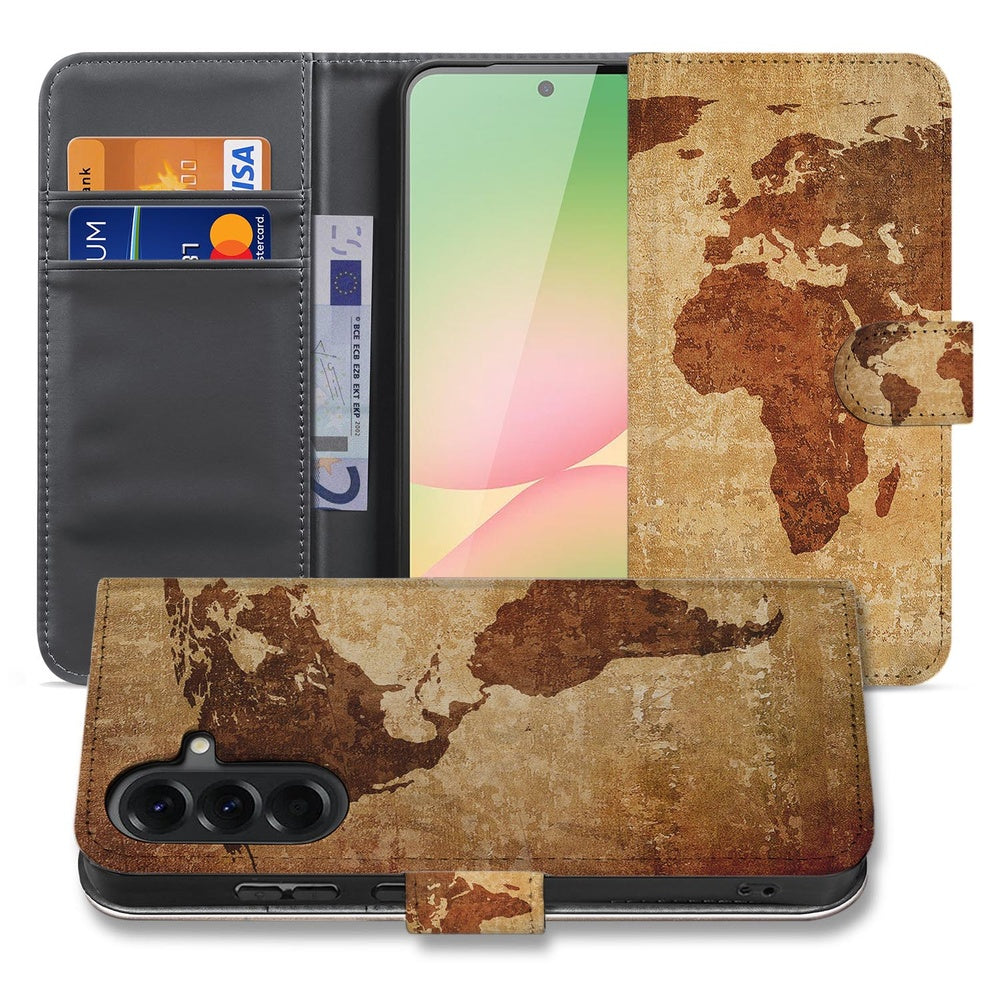 Samsung Galaxy A57 Book Case Wereldkaart voor- en achteraanzicht bruin geel design.
