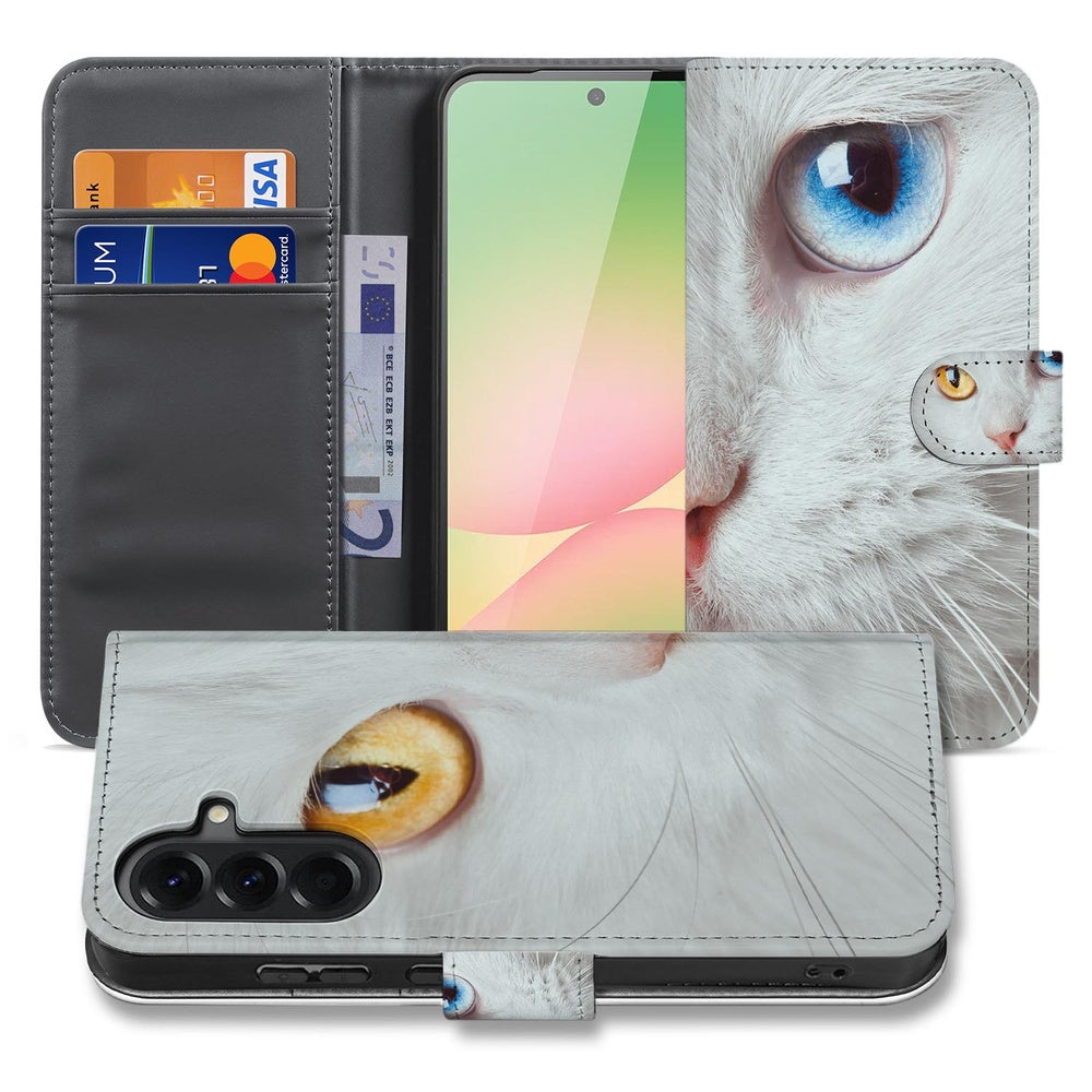 Samsung Galaxy A57 Book Case Witte Kat Dierenprint Vooraanzicht.