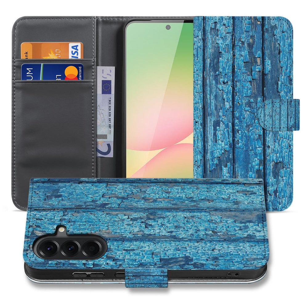 Samsung Galaxy A57 Book Case Hoesje Afgebladderd Blauw Hout Vooraanzicht.