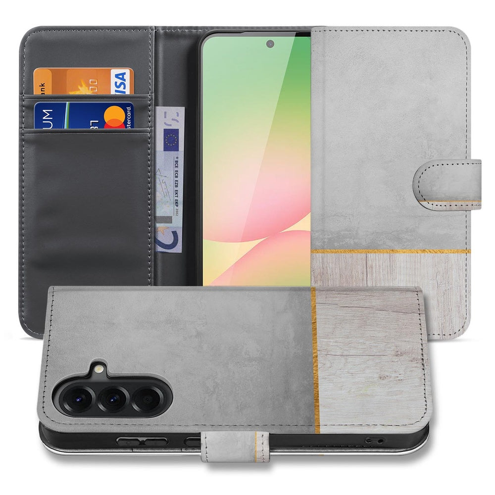 Samsung Galaxy A57 Bookcase Wood Concrete Vooraanzicht Achteraanzicht.