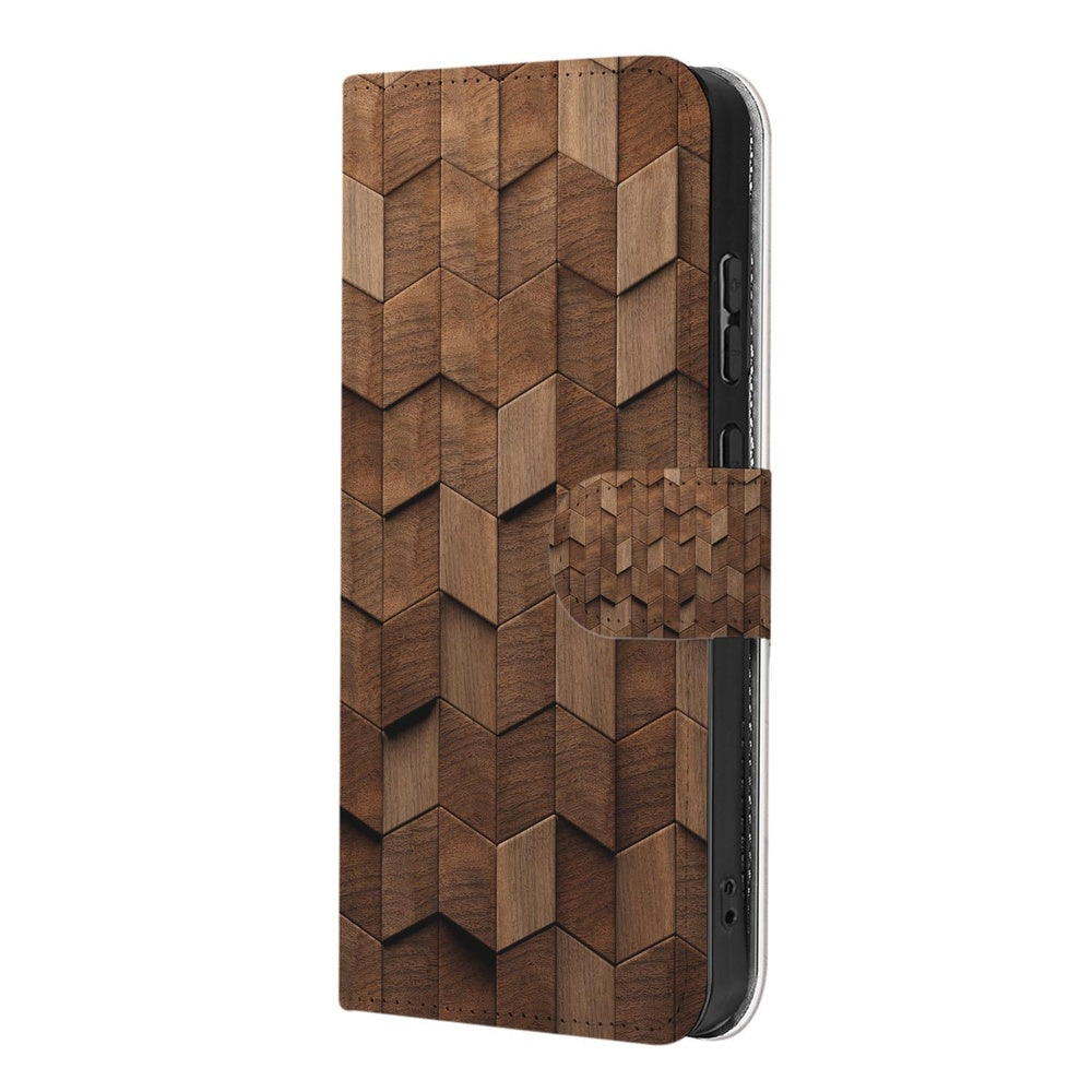 Bookcase Samsung Galaxy A57 Bruin Houtprint Vooraanzicht.