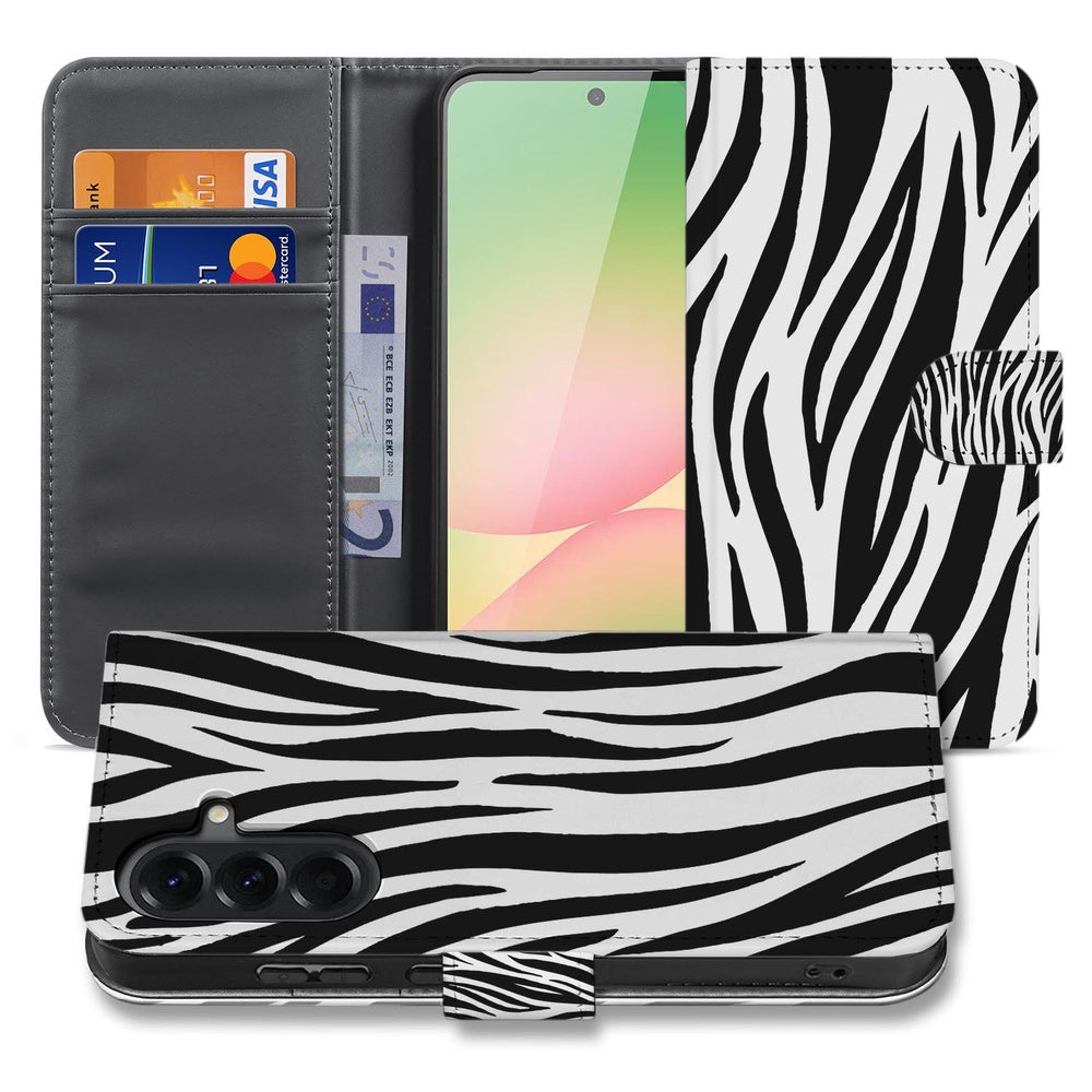 Samsung Galaxy A57 Portemonnee Hoesje Zebra-Print Voor- en Achteraanzicht.