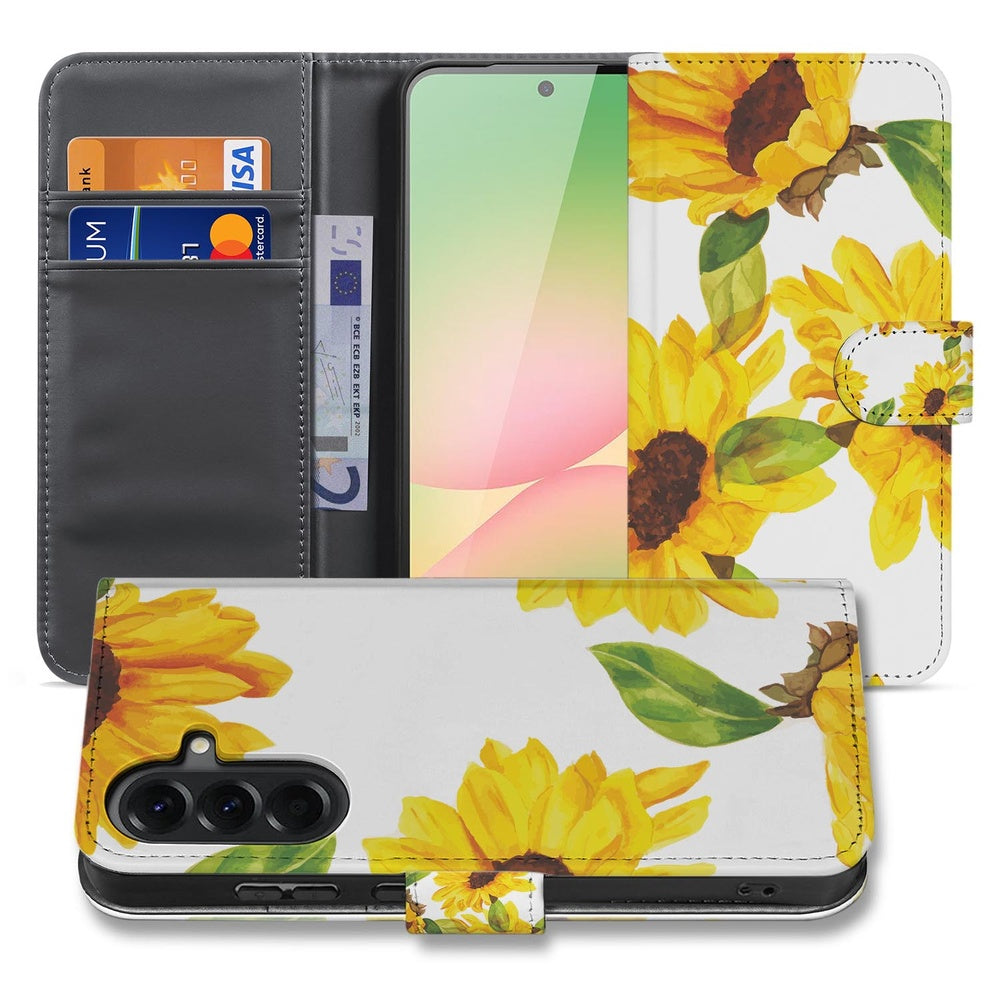 Samsung Galaxy A57 Hoesje Zonnebloemen Wallet Voorkant en binnenkant.