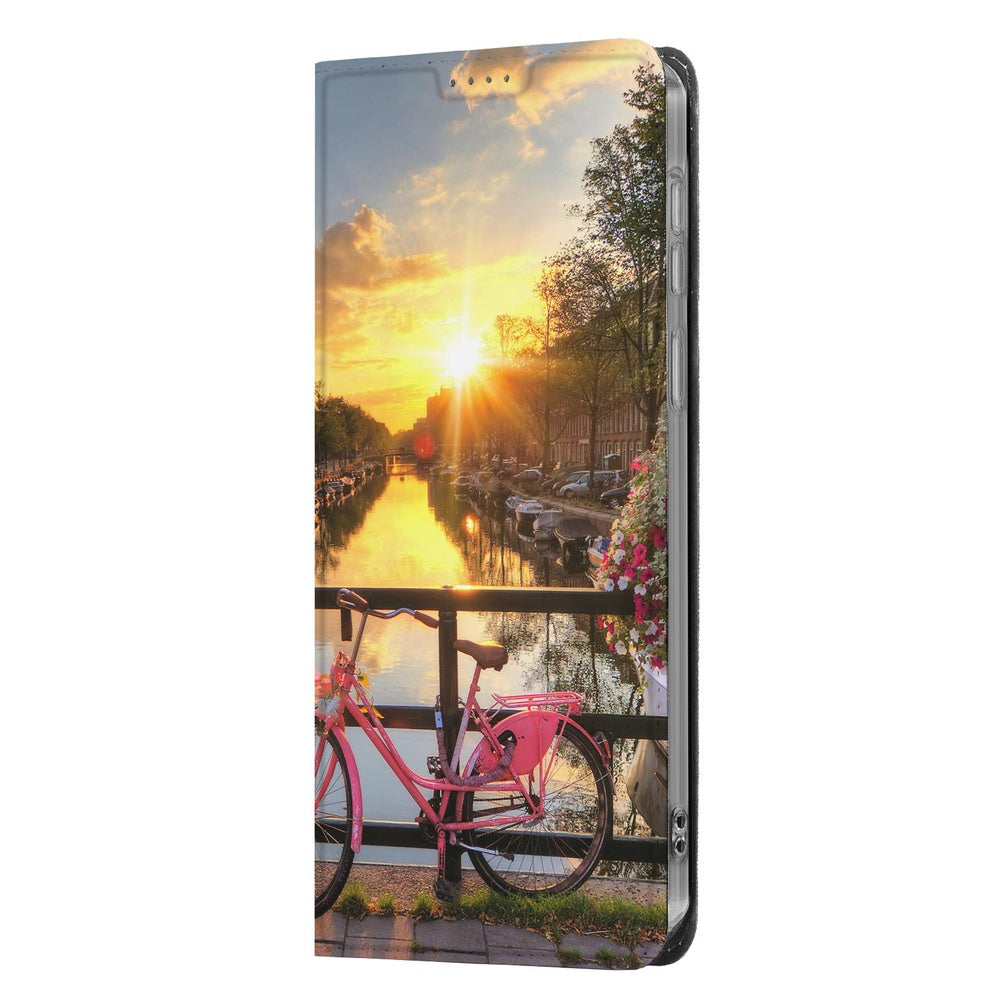 Samsung Galaxy A57 Book Cover Amsterdamse Grachten design zonsondergang fietsen aan grachten vooraanzicht.
