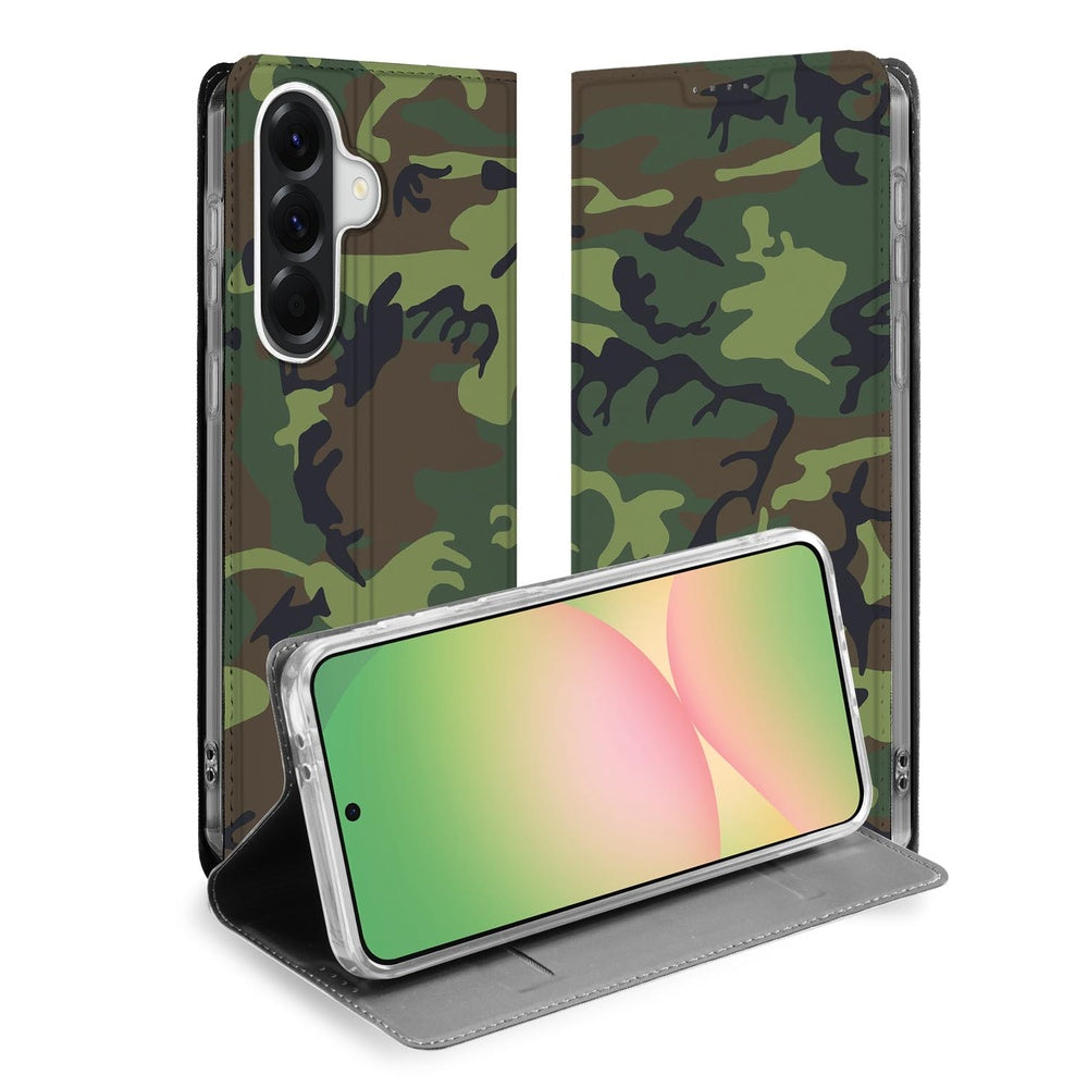 Samsung Galaxy A57 Telefoonhoesje Army Dark folio hoes camouflage vooraanzicht.