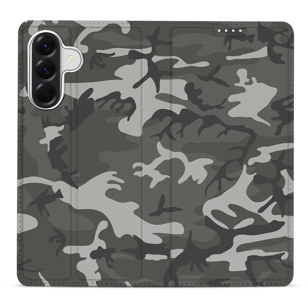 Samsung Galaxy A57 Book Wallet Case Army Light camouflage print vooraanzicht.
