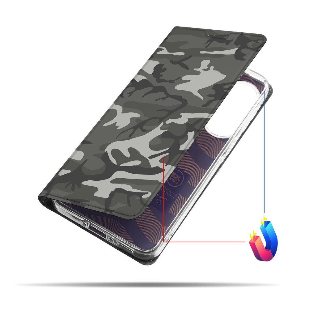 Samsung Galaxy A57 Book Wallet Case Army Light camouflage design zijaanzicht.