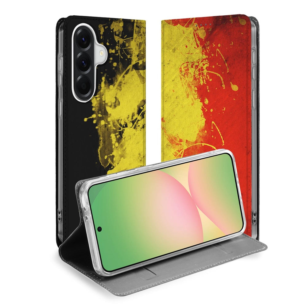 Samsung Galaxy A57 Book Cover Belgie design zwart geel rood vooraanzicht.