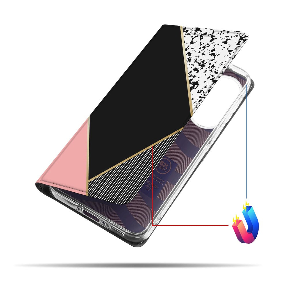 Samsung Galaxy A57 Book Wallet Case Black Pink Shapes detail weergave van het ontwerp met zwart, roze en wit.