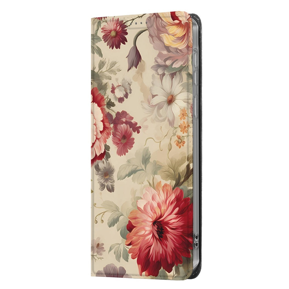 Samsung Galaxy A57 Flip Style Cover Bloemen detail weergave van bloemige print op beige achtergrond.