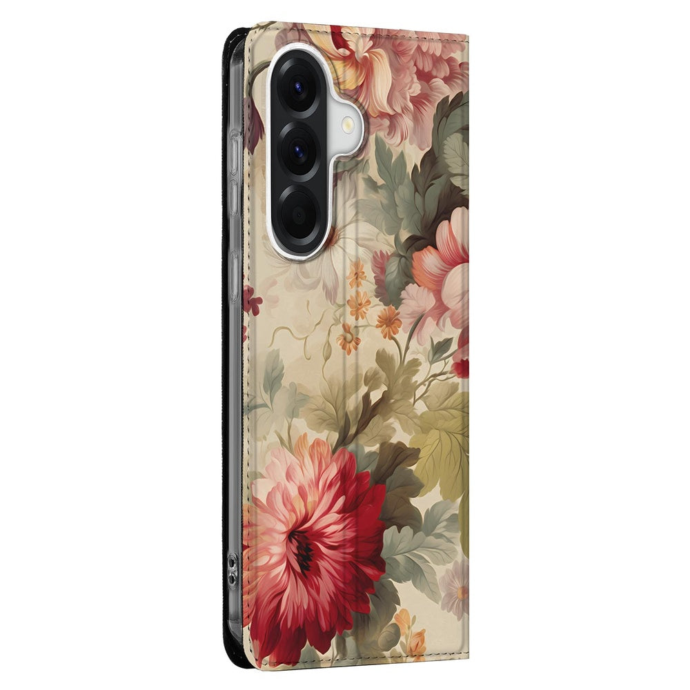 Samsung Galaxy A57 Flip Style Cover Bloemen bloemenprint beige zwart zijaanzicht.