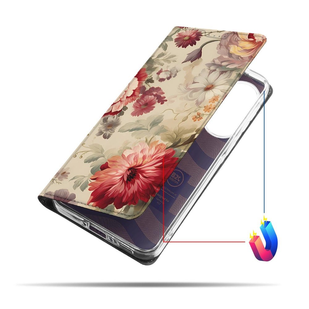 Samsung Galaxy A57 Flip Style Cover Bloemen bloemenprint detail aanzicht.
