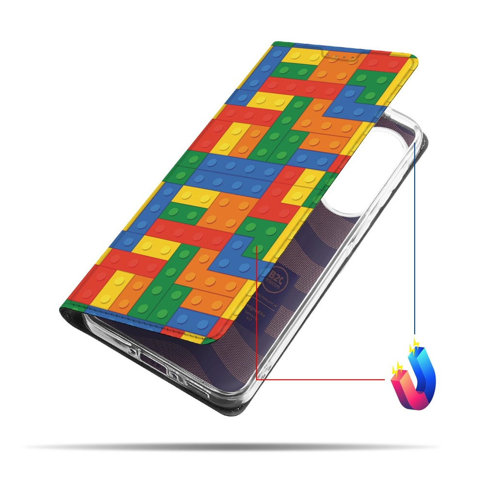 Samsung Galaxy A57 Book Case Blokken Boekhoes Legoblokken-print Vooraanzicht.