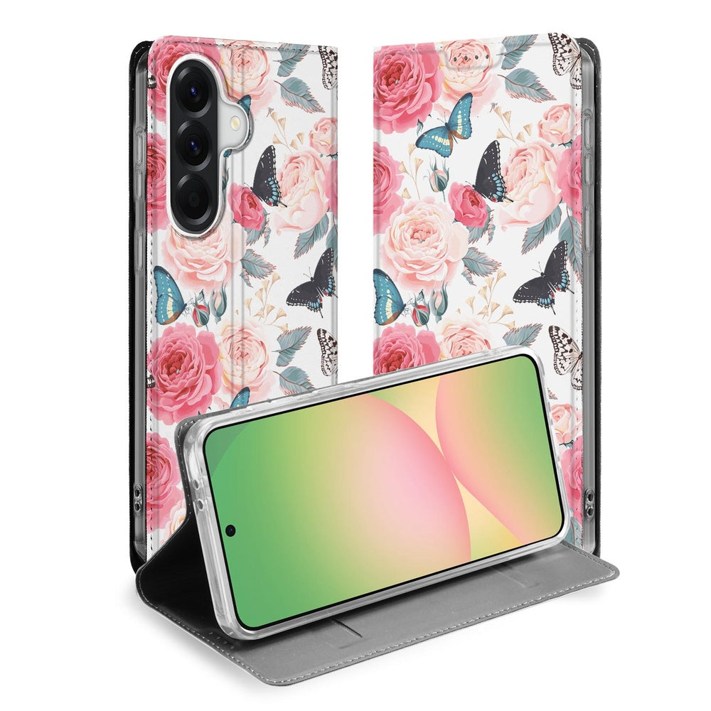 Samsung Galaxy A57 Book Wallet Case Butterfly Roses Vooraanzicht.