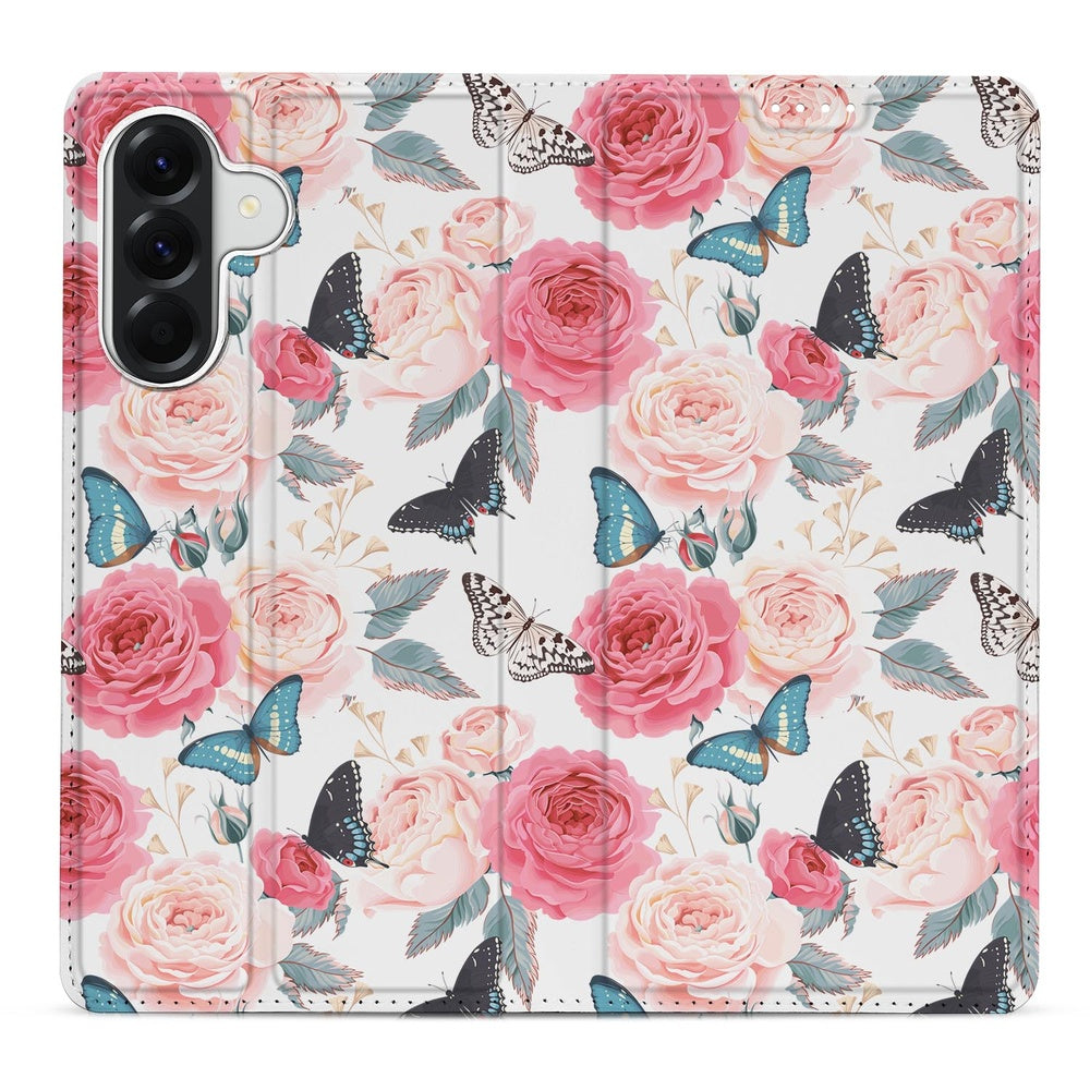 Samsung Galaxy A57 Book Wallet Case Butterfly Roses detail aanzicht.