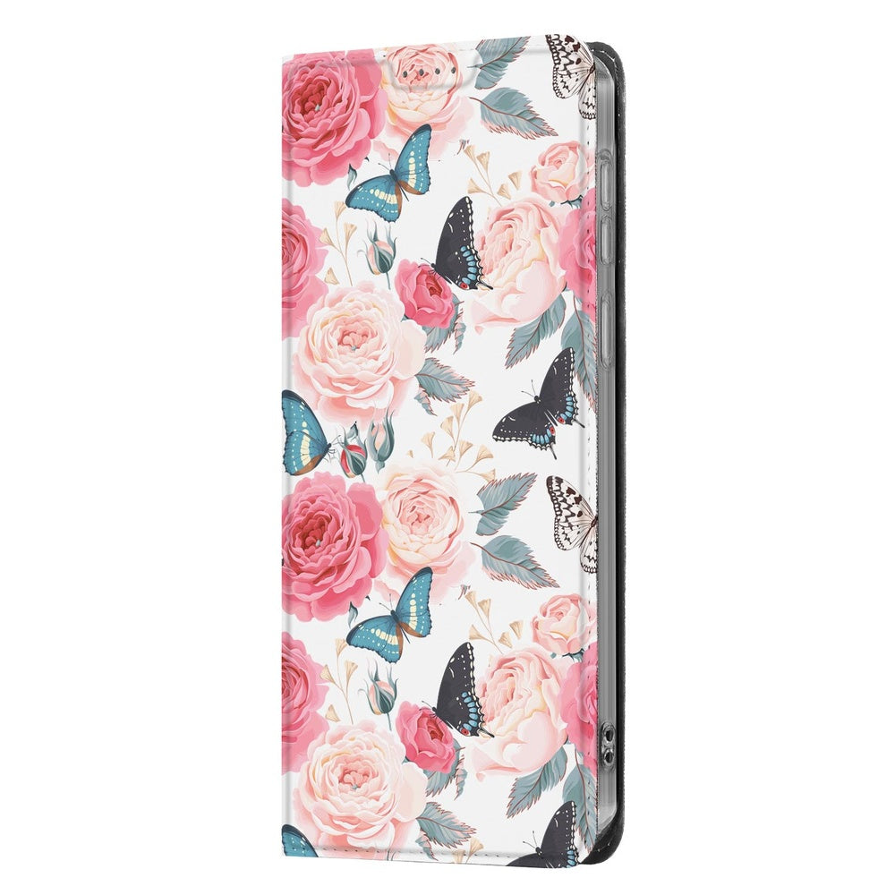 Samsung Galaxy A57 Book Wallet Case Butterfly Roses design met vlinders en rozen, voorkant uitzicht.