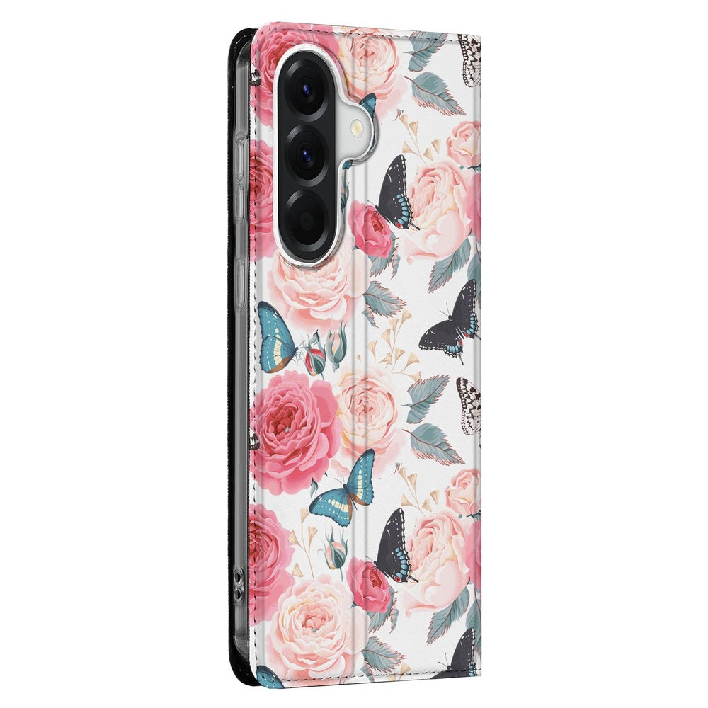 Samsung Galaxy A57 Book Wallet Case Butterfly Roses zijkant bloemenprint.