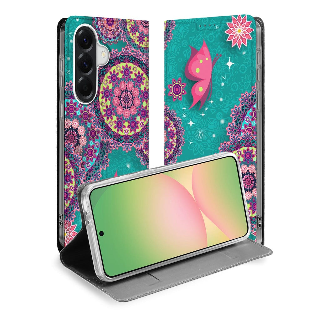 Samsung Galaxy A57 Flip Style Cover Cirkels en Vlinders Design Cirkels Vlinders Vooraanzicht.