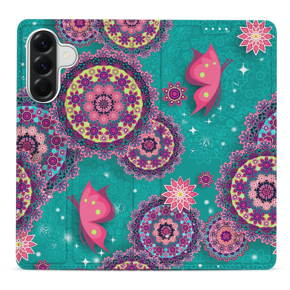 Samsung Galaxy A57 Flip Style Cover Cirkels en Vlinders Mandala print Turquoise Aanzicht.