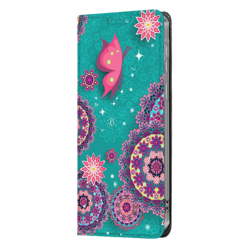Samsung Galaxy A57 Flip Style Cover Cirkels en Vlinders print kleurrijke mandala's turquoise vooraanzicht.
