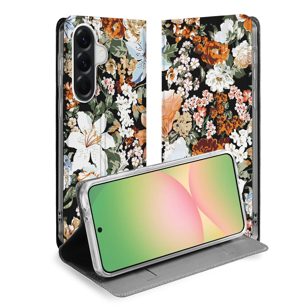 Samsung Galaxy A57 Standcase Hoesje Dark Flowers detail weergave van het hoesje met donker bloemenontwerp.