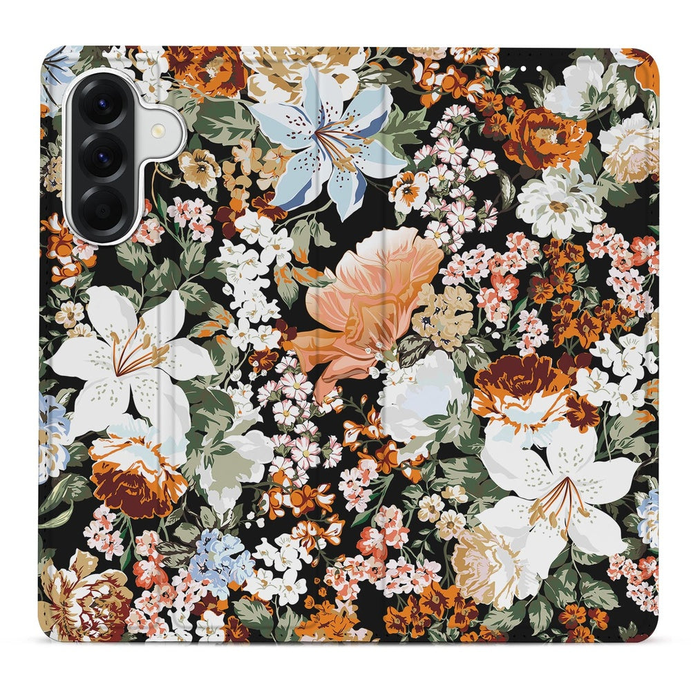 Samsung Galaxy A57 Standcase Hoesje Dark Flowers donker bloemen ontwerp detail.